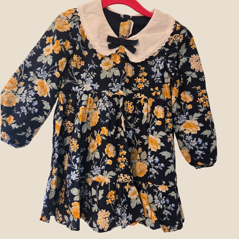 Janie and Jack Navy Floral Peter Pan Collar Dress Long Sleeve 2T
